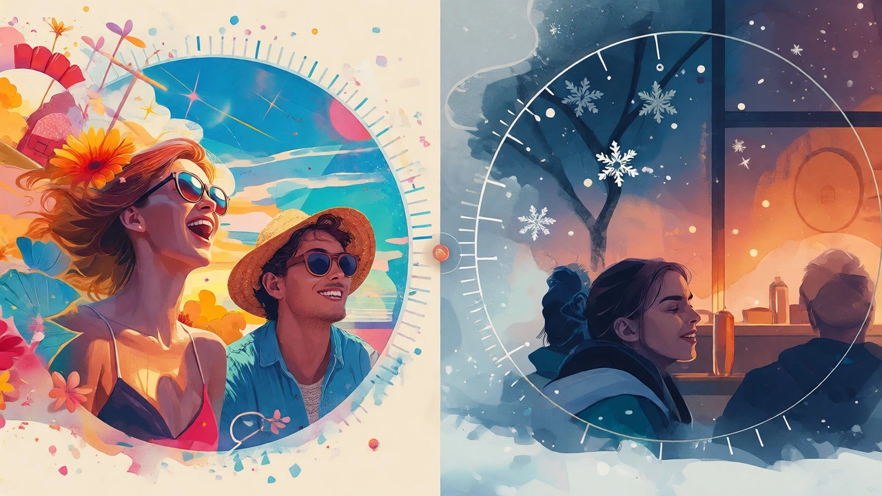 Artistic split-screen showing seasonal transition from summer joy to winter reflection.
