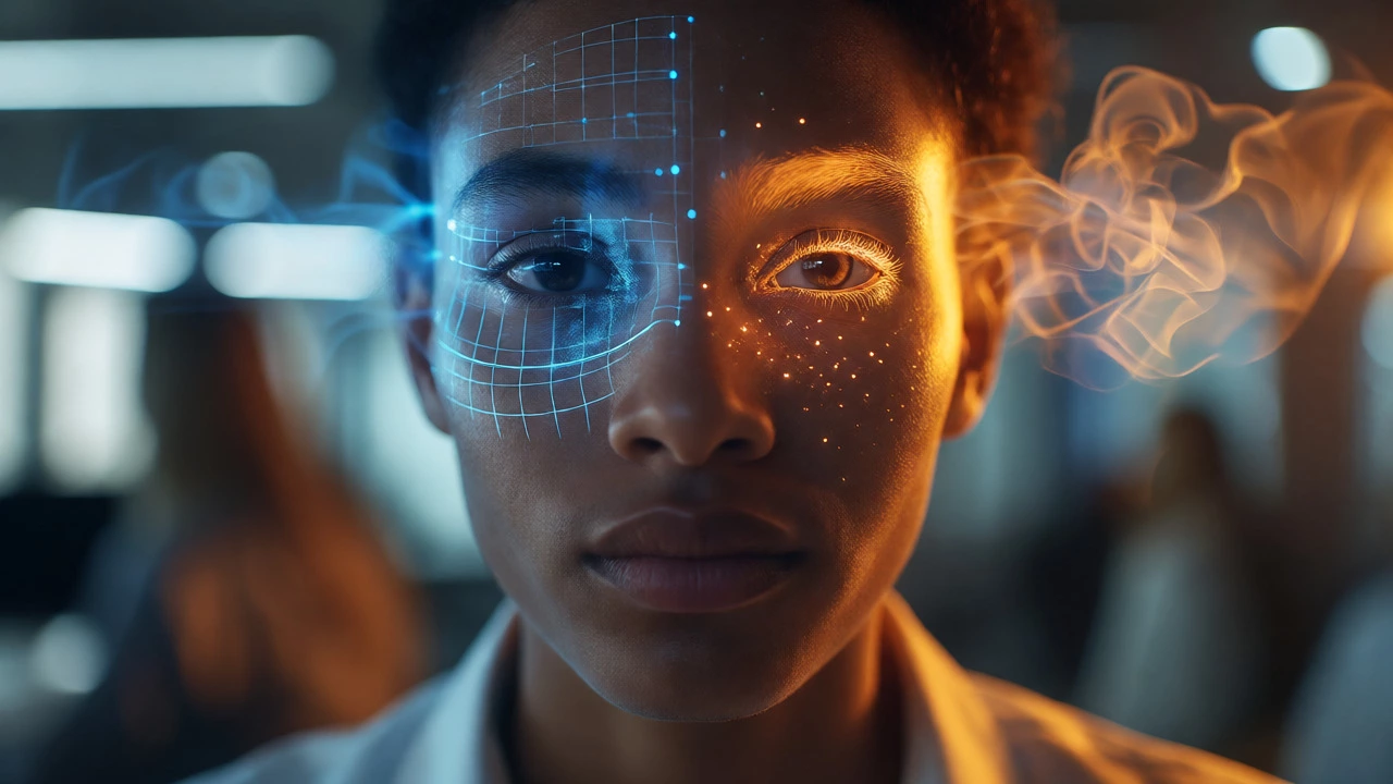 Close-up portrait of a person with half their face lit in cool blue and half in warm amber, symbolizing analytical vs intuitive thought.