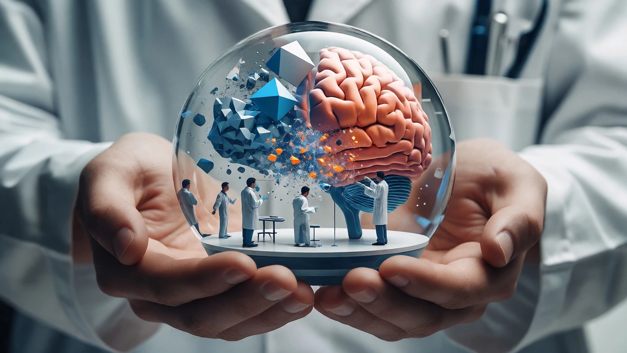Conceptual art of a brain as a lab where scientists test and update idea structures inside a glass sphere.