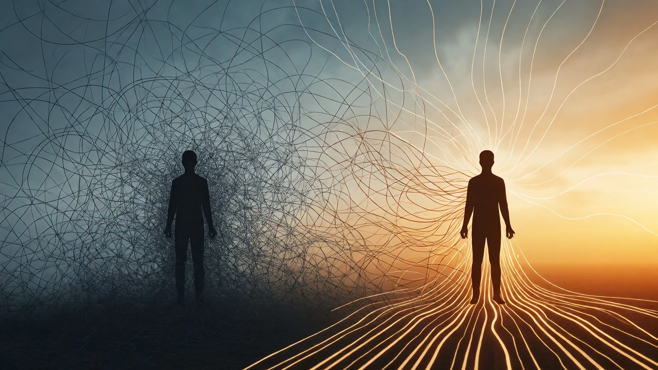 Conceptual art showing tangled dark threads transforming into clear golden pathways.
