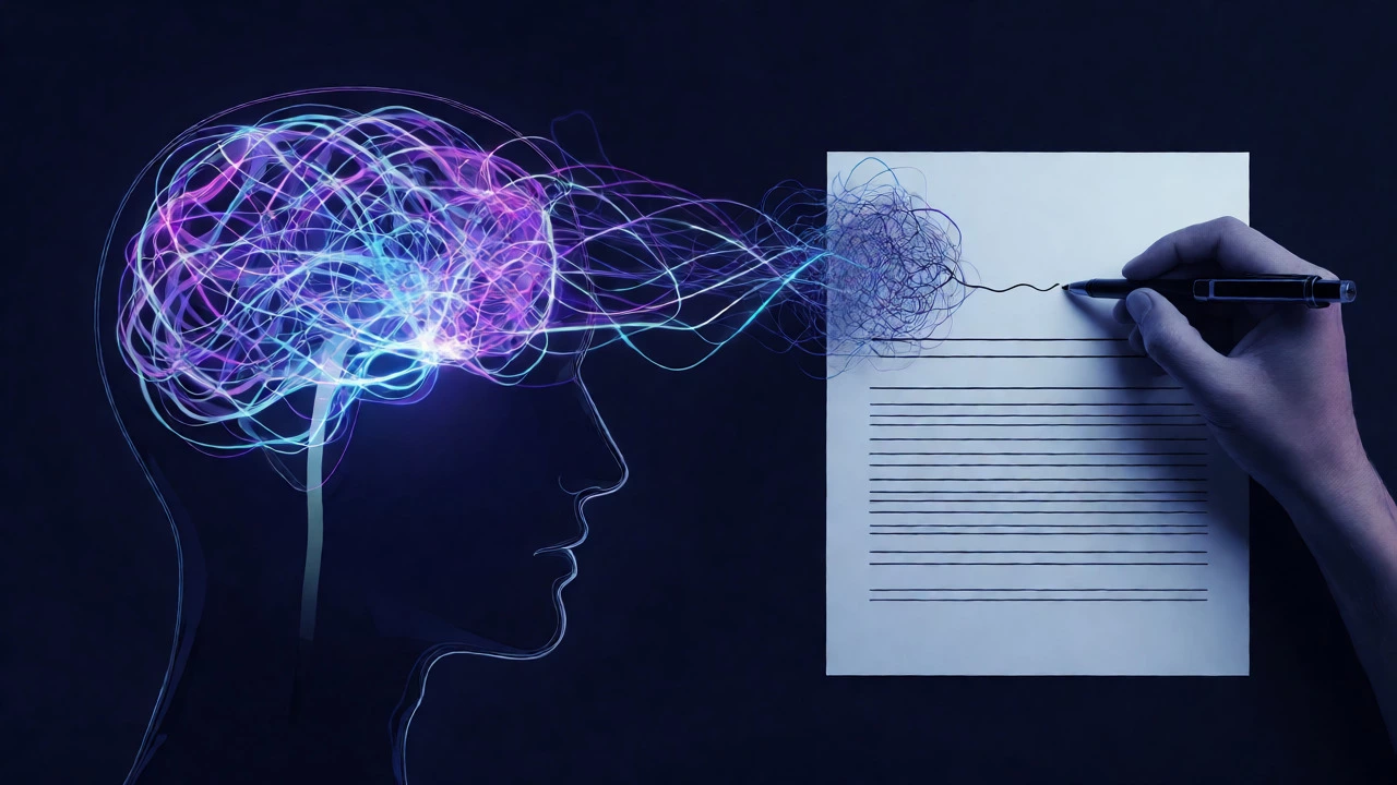 Conceptual art showing tangled thoughts being written down as clear lines on paper.