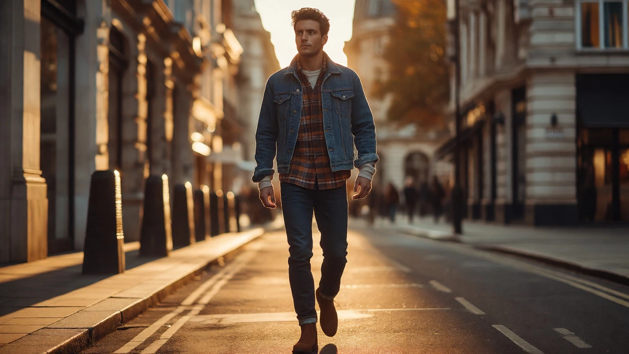 Confident man in layered autumn attire walking down a city street at golden hour, showcasing style and posture.