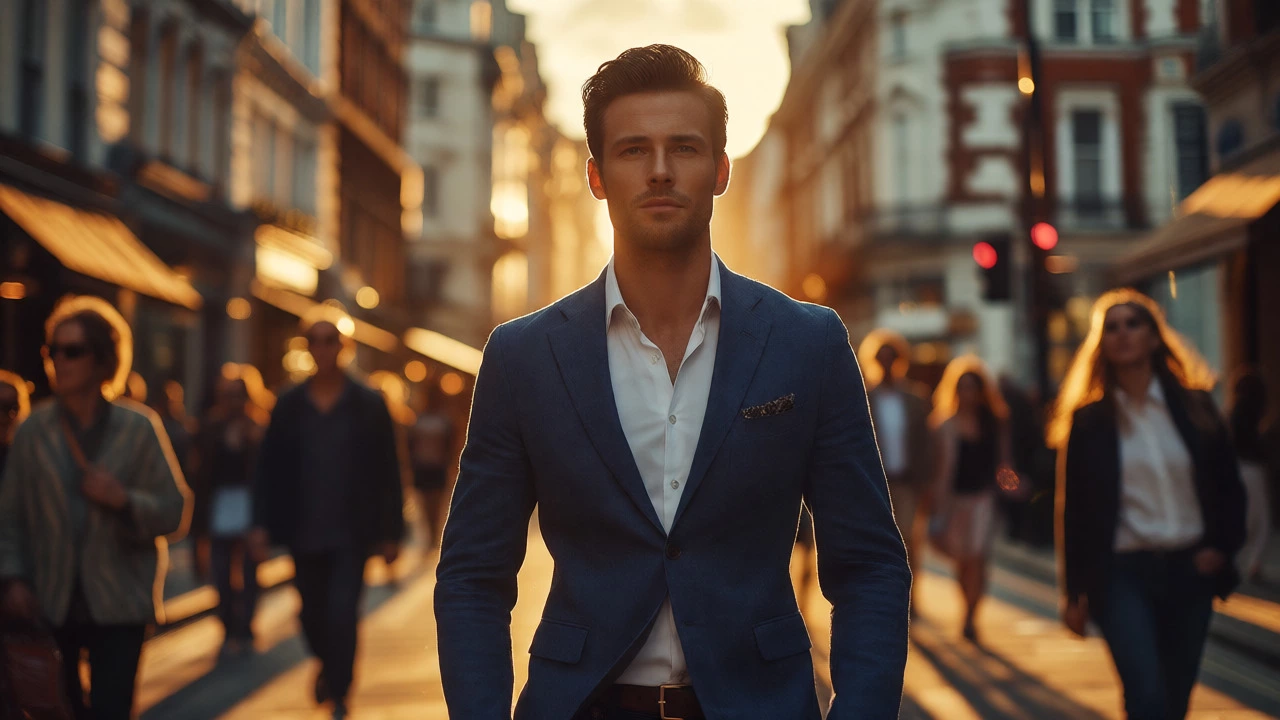 Confidently dressed man walking down a city street at sunset