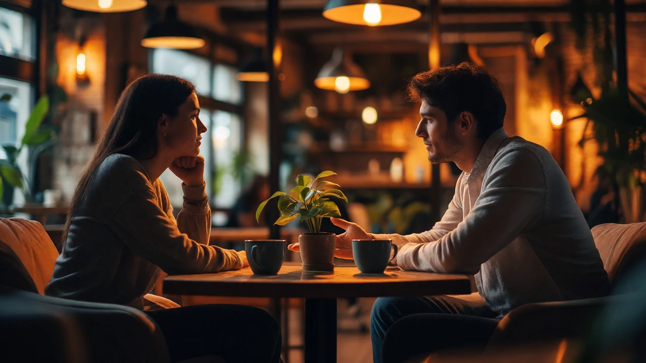 Couple having a serious, intimate conversation over coffee in a warm cafe.