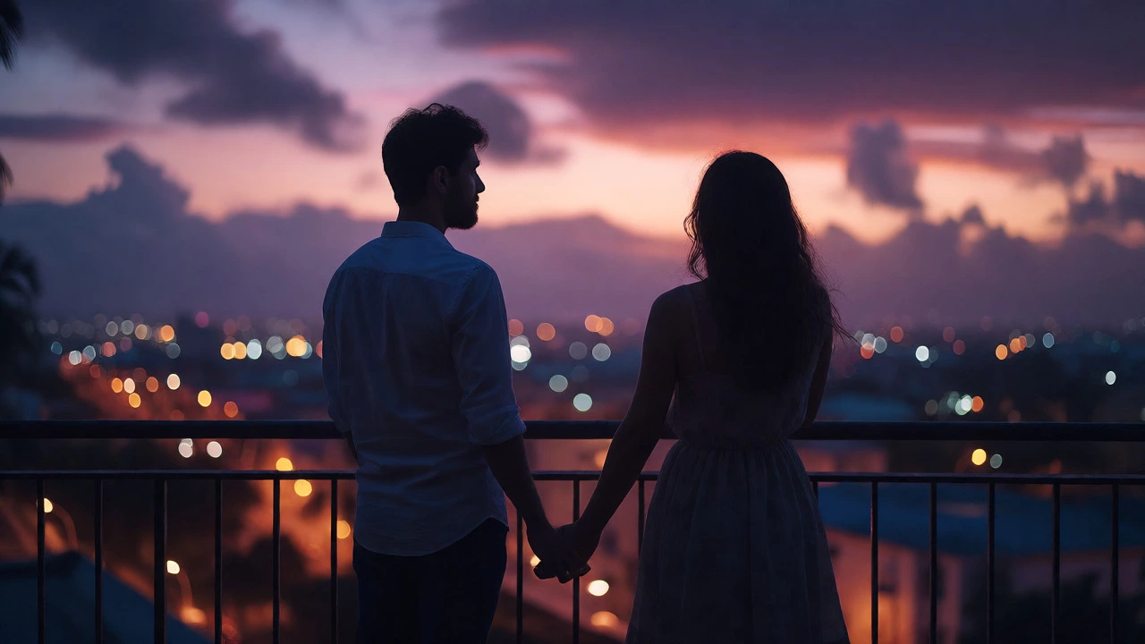 Couple holding hands on a balcony at dusk reflecting together