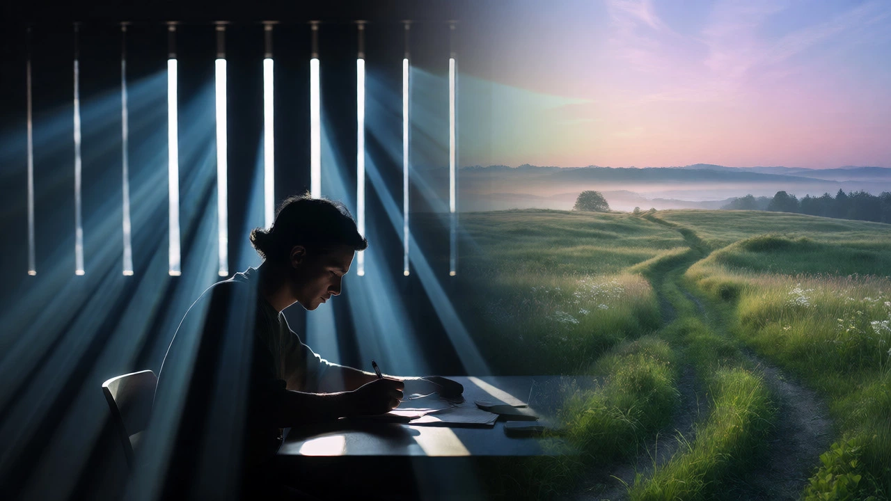 Double exposure of focused work and diffuse creative nature scenes