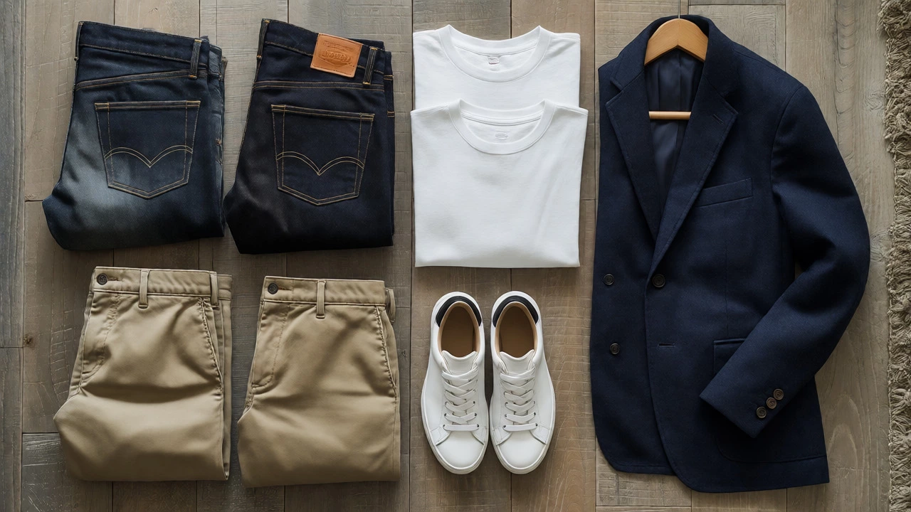 Flat lay of a men's capsule wardrobe featuring jeans, white tees, a navy blazer, chinos, and white sneakers.