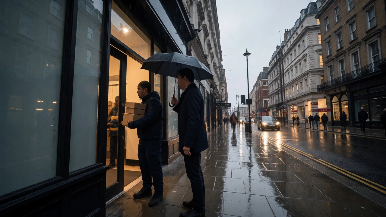 Gentleman holding door for delivery worker in rainy London street