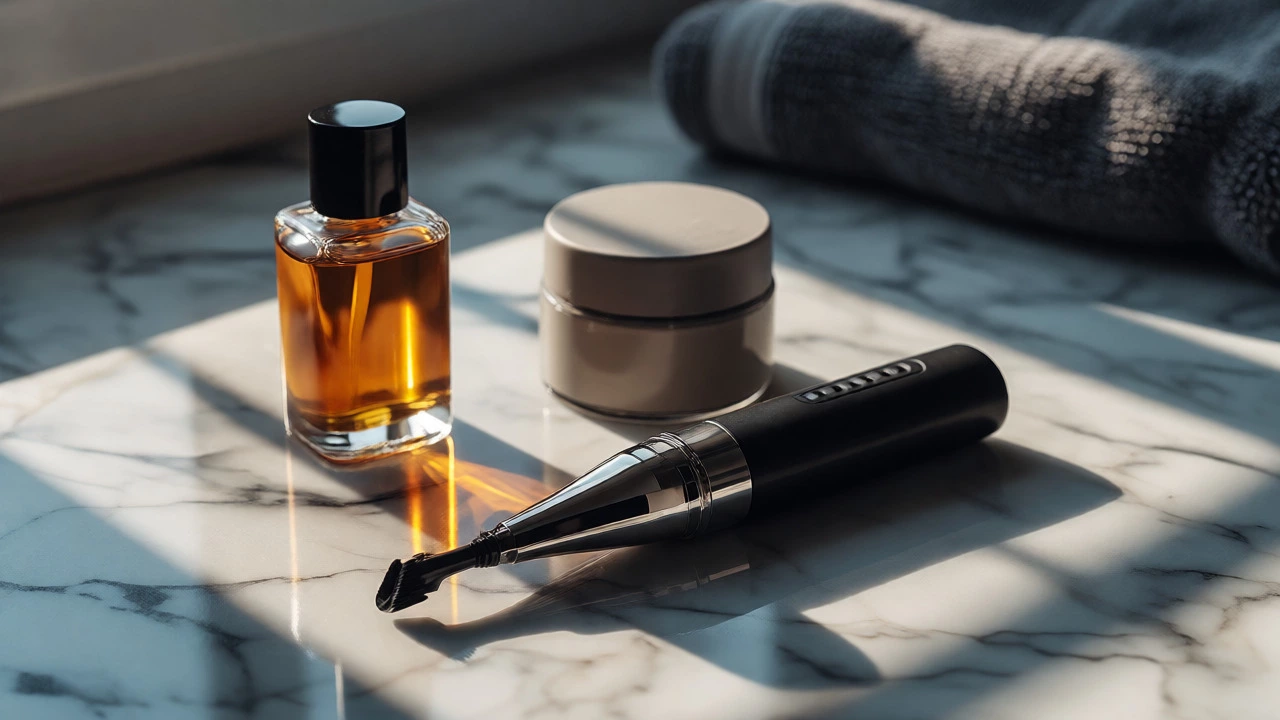 Grooming tools including trimmer and beard oil on counter