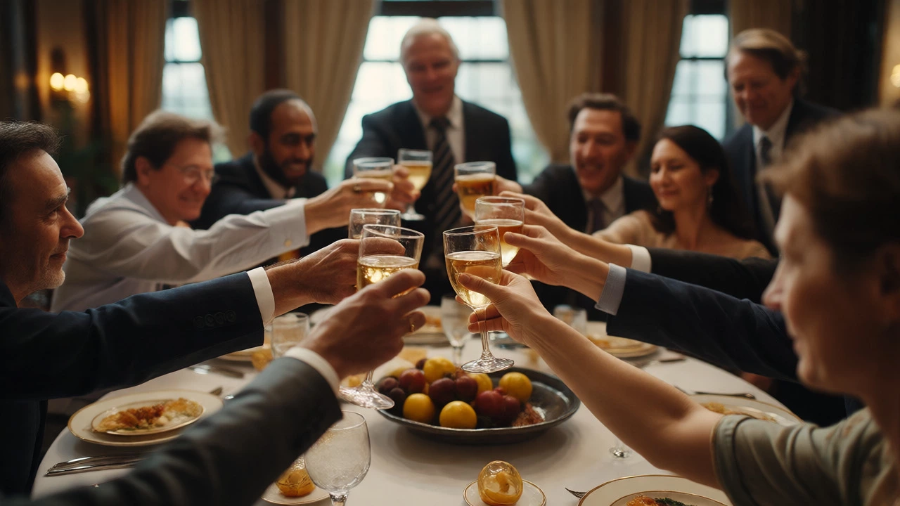 Group of guests raising glasses for a collective toast in a warm dining setting.