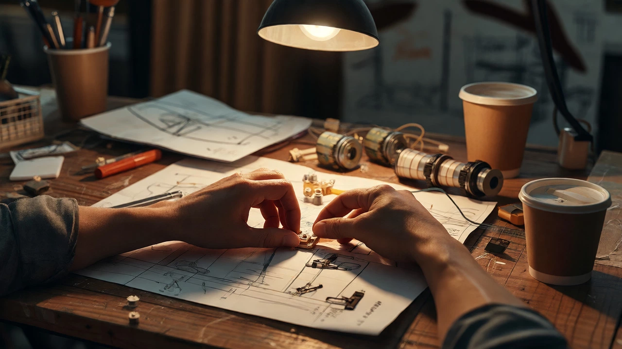 Hands assembling a prototype on a cluttered workbench under lamp light