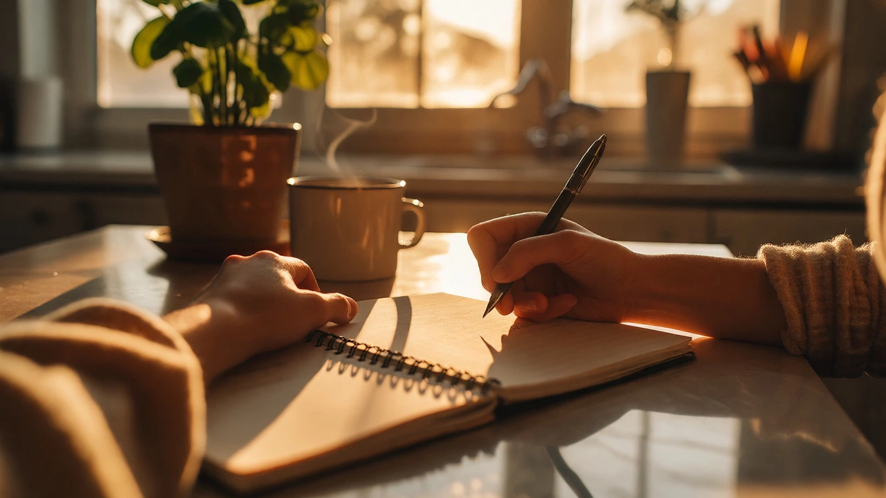 Hands writing in a spiral notebook at a sunlit kitchen table during golden hour.