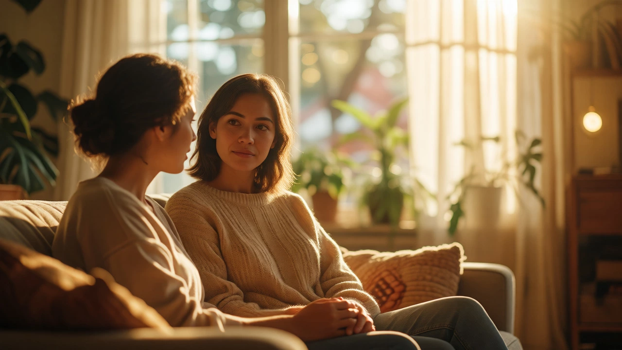 Happy couple talking calmly in sunlit living room