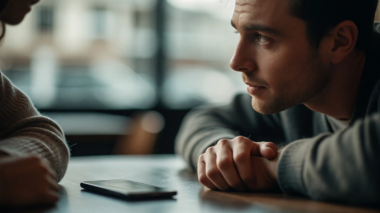 Man actively listening to companion with phone face down on table