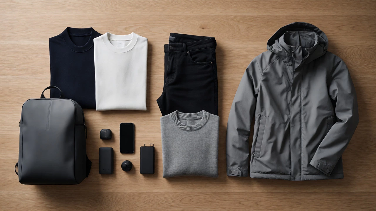 Minimalist capsule wardrobe and backpack arranged neatly on a wooden table.