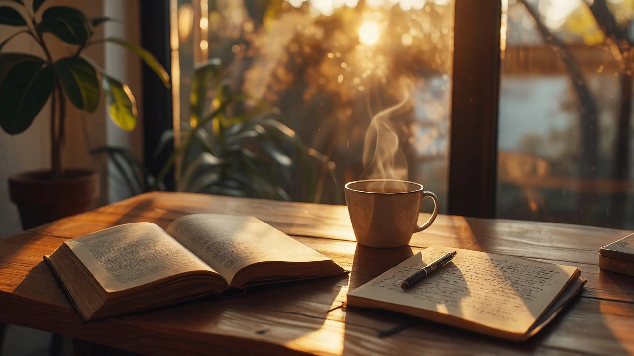 Open book and journal on sunlit desk suggesting deep reading