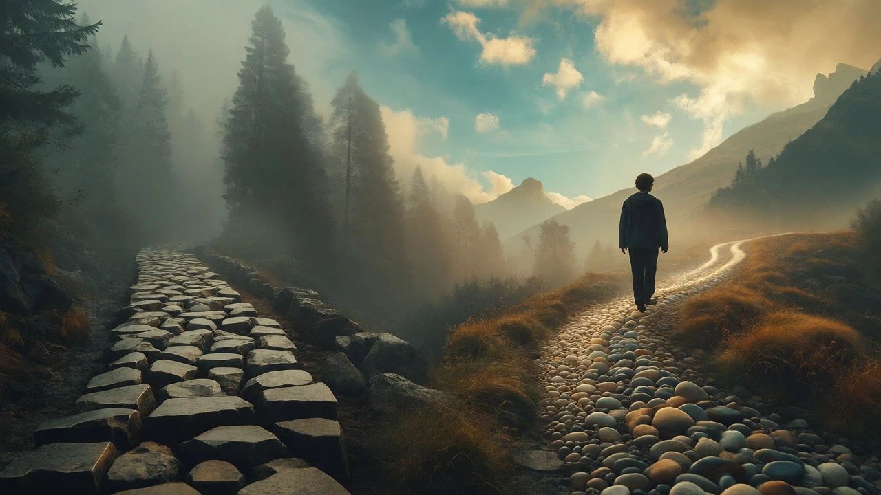 Person choosing a bright, open path over a dark, rocky one, representing the courage to change perspective.