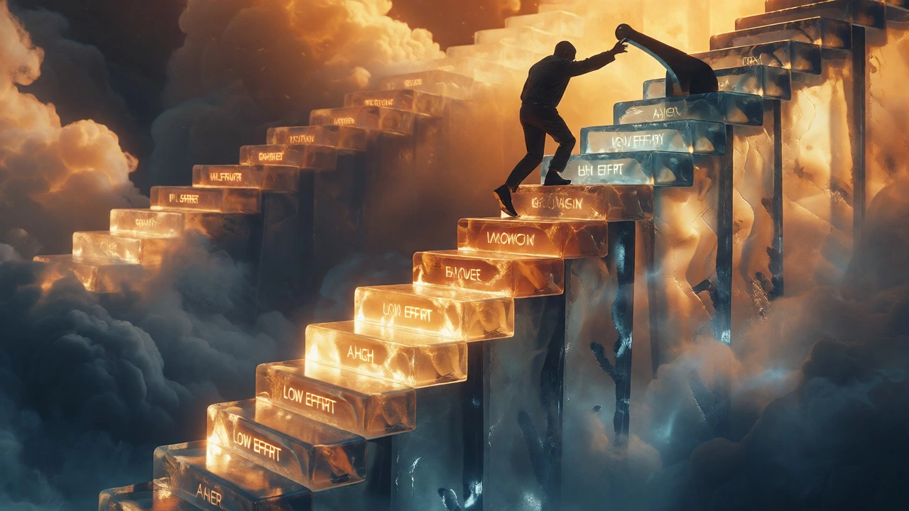 Person climbing glass stairs toward a lever symbolizing progress