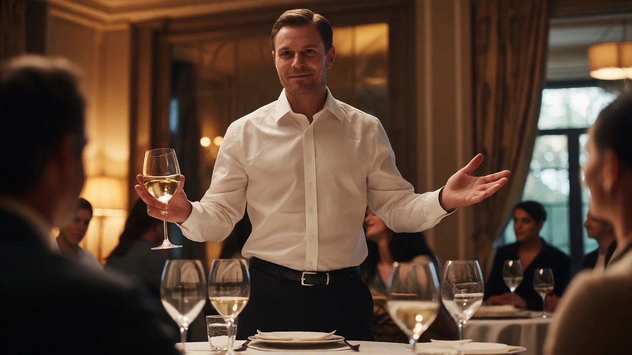 Speaker using open hand gestures and maintaining eye contact while giving a speech.