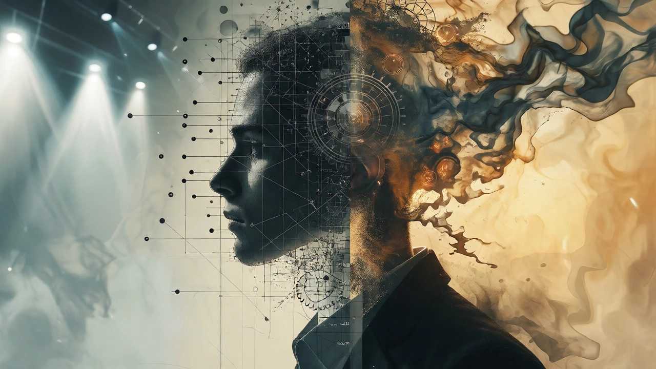 Split profile showing analytical logic versus intuitive flow in surreal art