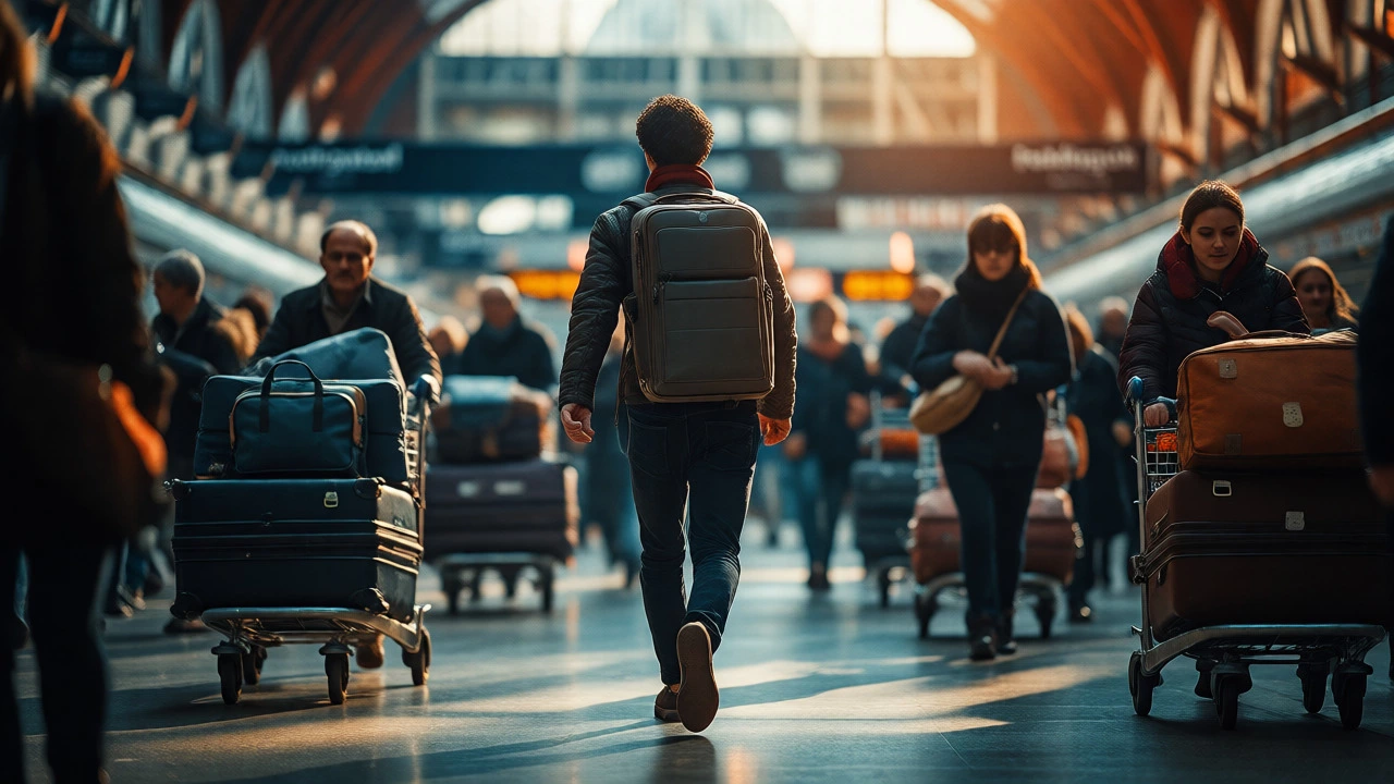Traveller with a single backpack walking easily through a busy UK train station.