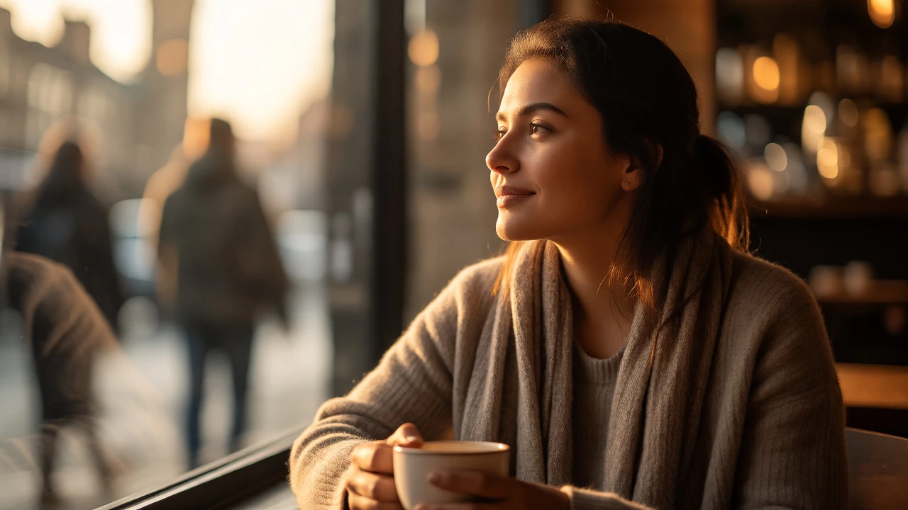 Young professional woman relaxing in a cafe, looking calm and reflective after therapy.